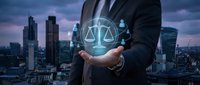 Professional businessman in dark suit holding glowing digital scales of justice icon above palm against modern city skyline at dusk for legal technology concepts.