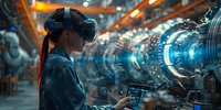 Young Asian female engineer using virtual reality headset and digital tablet for machinery maintenance in futuristic industrial facility with glowing blue technology interfaces.