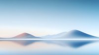 Tranquil mountain lake landscape with mirror reflection in soft blue and pink tones, minimalist nature scene at dawn creates serene atmosphere.