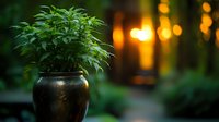 Green leafy plant in dark ceramic pot against blurred sunset background with warm bokeh lights creating magical garden atmosphere at dusk.