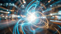Futuristic energy vortex with glowing blue and orange light trails creating dynamic spiral motion against blurred urban background with bokeh effects.
