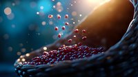 Red caviar pearls scattered on dark surface with magical bokeh lights and sparkles in blue and gold tones, macro food photography with shallow depth of field.