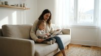 Young mother reading book with toddler son on beige sofa in bright living room. Cozy family bonding moment at home with natural light streaming through window.