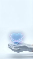 Hand holding holographic heart with digital wireframe design floating above palm. Medical technology concept for healthcare innovation and cardiology.