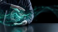 Businessman hands protecting glowing green digital brain with neural network connections representing artificial intelligence and data protection concepts.