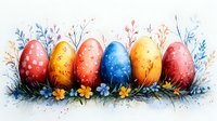 Colorful Easter eggs decorated with dots and speckles arranged in grass with spring flowers and delicate branches, watercolor style illustration on white background.