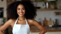 Young African American woman with natural curly hair wearing white apron smiling confidently in modern kitchen setting. Represents home cooking, entrepreneurship and lifestyle.