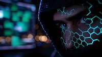 Mysterious hooded figure with glowing chemical formulas and molecular structures projected on face in dark neon environment. Cyberpunk style portrait with science elements.