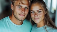 Young couple in turquoise t-shirts sharing intimate moment with genuine smiles and eye contact against blurred background. Natural lighting highlights their facial features.