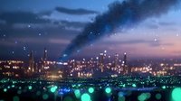 Dreamy cityscape at dusk with glowing bokeh lights in foreground creating magical atmosphere. Urban skyline silhouette against purple sunset sky with twinkling stars.