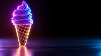 Glowing neon ice cream cone with swirled soft serve illuminated in vibrant purple and blue colors against dark background with reflective surface.