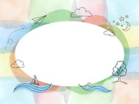 Watercolor rainbow frame with clouds, paper plane, sailboat and tree elements creating whimsical border for text or design projects.