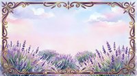 Watercolor lavender field frame with ornate decorative border and soft pastel sky background for wedding invitations and romantic design projects.