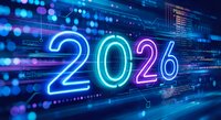 Futuristic neon 2026 numbers glowing in vibrant blue and pink colors against digital technology background with data streams and bokeh lights.