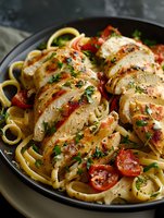 Grilled chicken breast with bacon wrapped around served over creamy pasta with cherry tomatoes and fresh herbs in cast iron skillet for dinner meal.