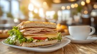 Fresh deli sandwich with turkey, cheese, lettuce and tomato on toasted bread served with coffee cup on wooden table in cafe with warm bokeh lights.