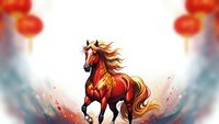 Majestic red horse with flowing golden mane galloping through mystical clouds with traditional lanterns, symbolizing power and prosperity for lunar celebrations.