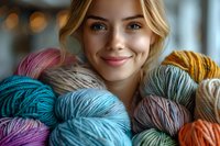 Young Caucasian woman with blonde hair smiling behind colorful yarn balls in blue, pink, orange and yellow tones. Close up portrait showing genuine happiness and crafting passion.
