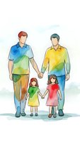 Watercolor family of four holding hands in colorful rainbow style illustration showing two fathers with daughters for pride celebration and diversity.
