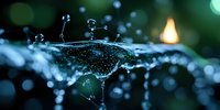 Macro photography of water drop collision creating crown splash formation with bokeh background and dramatic lighting effects, frozen motion capture in dark tones.