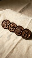 Wooden carved buttons with nature motifs on linen fabric showcasing traditional craftsmanship and eco-friendly fashion accessories for sustainable clothing design.