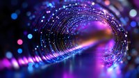 Glowing spiral tunnel with vibrant purple and blue bokeh lights creating magical atmosphere. Abstract background with luminous particles and neon colors.