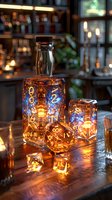 Magical glowing glass bottles with mystical number patterns and gaming dice on wooden bar counter, perfect for fantasy tabletop gaming atmosphere or magical beverage concept design.