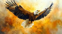 Majestic bald eagle soaring with spread wings against dramatic orange and gold sky background, powerful flight pose with detailed feathers and intense gaze.