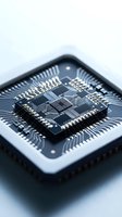 Microchip with circuit board pathways and metallic connectors on white background, suitable for technology, electronics, computing, and innovation concepts.