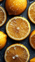 Fresh juicy orange slices with water drops on dark background, macro shot showing detailed pulp texture and citrus segments in natural lighting.