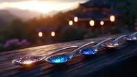 Glowing magical spoons with colorful luminescent powder arranged on rustic wooden surface at sunset, string lights creating dreamy bokeh background atmosphere.