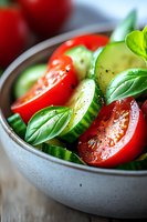 Fresh garden salad with sliced cucumbers, cherry tomatoes and basil leaves in ceramic bowl, seasoned with black pepper and herbs. Close up macro shot.