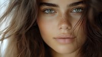 Close up portrait of young woman with natural freckles, blue eyes and windswept brown hair against blurred background, soft natural lighting highlights facial features.
