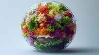 Colorful layered salad in glass bowl with fresh vegetables, greens, and protein, showcasing vibrant ingredients for healthy meal preparation.