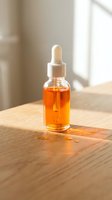 Orange serum bottle with dropper on wooden surface in natural sunlight for skincare and beauty routine applications.