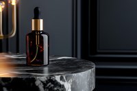 Luxury amber glass dropper bottle on black marble pedestal against dark wall with dramatic lighting, showcasing premium cosmetic or aromatherapy product packaging.
