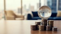 Glass sphere on stacked coins with modern office background representing global finance, investment growth and economic forecasting concepts.