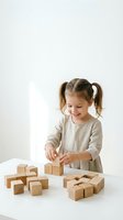 Happy young girl with pigtails playing with wooden building blocks on white table, educational toy development and learning through play.