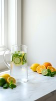 Fresh infused water with cucumber, lemon and mint in glass pitcher on marble counter. Healthy detox drink with citrus fruits for wellness lifestyle.