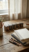 Wooden letter blocks spelling HOUSE on rustic desk with books, pens, plant and tea cup in warm natural light for home decor and real estate concepts.