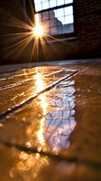 Sunlight streaming through window creates golden reflection on wet wooden floor, with dramatic lens flare and bokeh effects creating atmospheric morning ambiance.