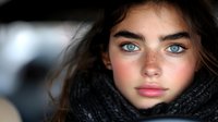 Young Caucasian woman with bright blue eyes, freckles and dark hair wearing black knitted scarf, close-up winter portrait with soft bokeh background.
