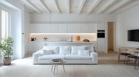Minimalist white living room interior with open plan kitchen, exposed ceiling beams, wooden floor, and contemporary furniture in natural light.
