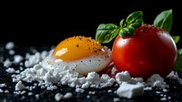 Fresh sunny side up egg with crumbled feta cheese, ripe tomato and basil leaves on dark background with sea salt crystals, dramatic food photography.