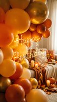 Cozy autumn birthday party setup with orange gold balloon arch, neon Happy Birthday sign, candles, pumpkins, and fall leaves indoors.