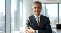 Confident mature Caucasian businessman in dark suit standing with crossed arms in modern office with city skyline view through large windows.