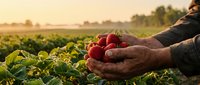 Farmer hands holding fresh ripe strawberries at sunrise in agricultural field. Organic berry harvest concept for healthy eating and sustainable farming.