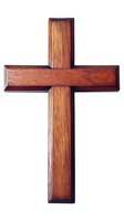 Wooden Christian cross made from polished dark brown wood isolated on white background, showing natural grain texture and simple religious design.