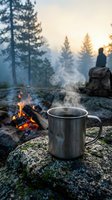 Steaming metal mug on rocky surface near campfire at sunrise in misty forest wilderness for outdoor adventure and camping lifestyle content.