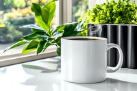 White ceramic coffee mug on windowsill with fresh green plants and morning sunlight creating cozy atmosphere. Lifestyle composition for home or office setting.